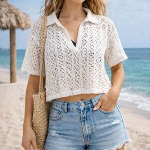 Marled White Eyelet Top Woman's size M Cottage Core Summer Beach Resort Boho